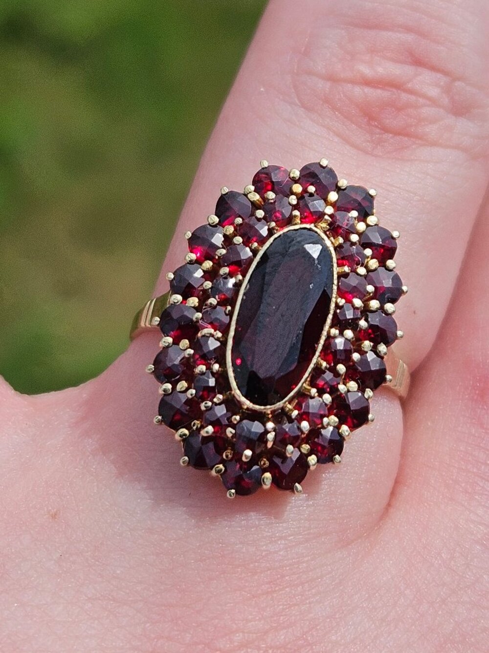 10K Yellow Gold Double Halo Garnet Cocktail Cluster Statement Ring Size 8.25